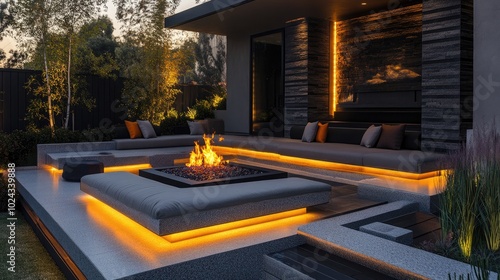 A modern outdoor patio area with cushioned seating