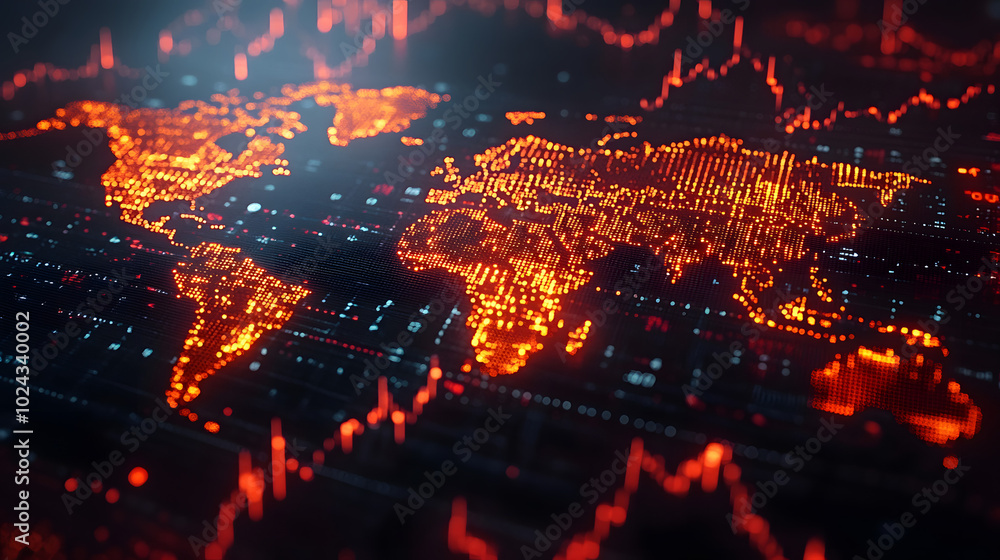 A digital map of the world overlaid with stock market charts and analytics, providing a comprehensive view of global financial trends and economic activity. This image illustrates the interconnectedne A digital map of the world overlaid with stock market charts and analytics, providing a comprehensive view of global financial trends and economic activity. This image illustrates the interconnectedne