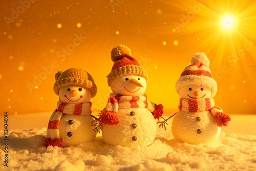 Joyful Snowmen Trio under Golden Winter Sun with Cozy Hats and Scarves