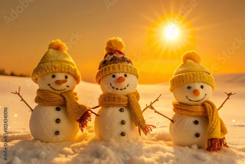 Three Cheerful Snowmen in Winter Sunset with Snowy Landscape and Warm Light