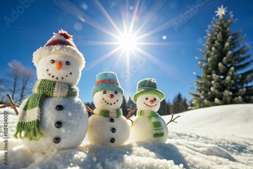Joyful Winter Wonderland with Snowmen Under Bright Sun and Clear Blue Sky