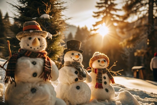 Charming Snowmen Family Amid Scenic Winter Forest at Golden Sunset