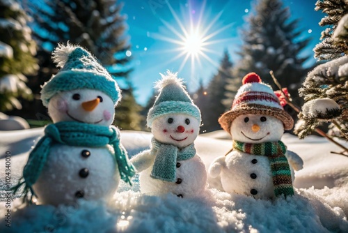 Three Cheerful Snowmen Under Bright Winter Sun in a Snow-Covered Forest
