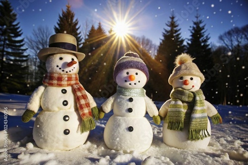 Joyful Snowmen in Winter Wonderland with Sunlit Forest and Falling Snowflakes