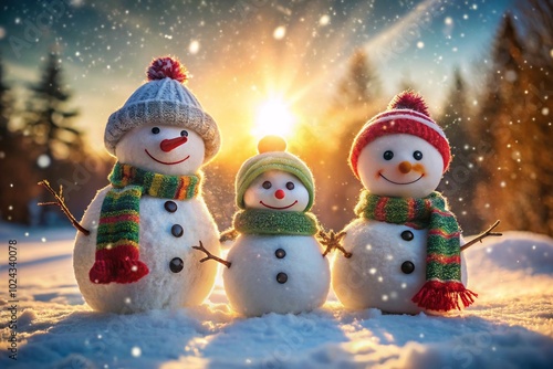 Joyful Winter Afternoon with Snowmen Family in a Serene Snowy Landscape