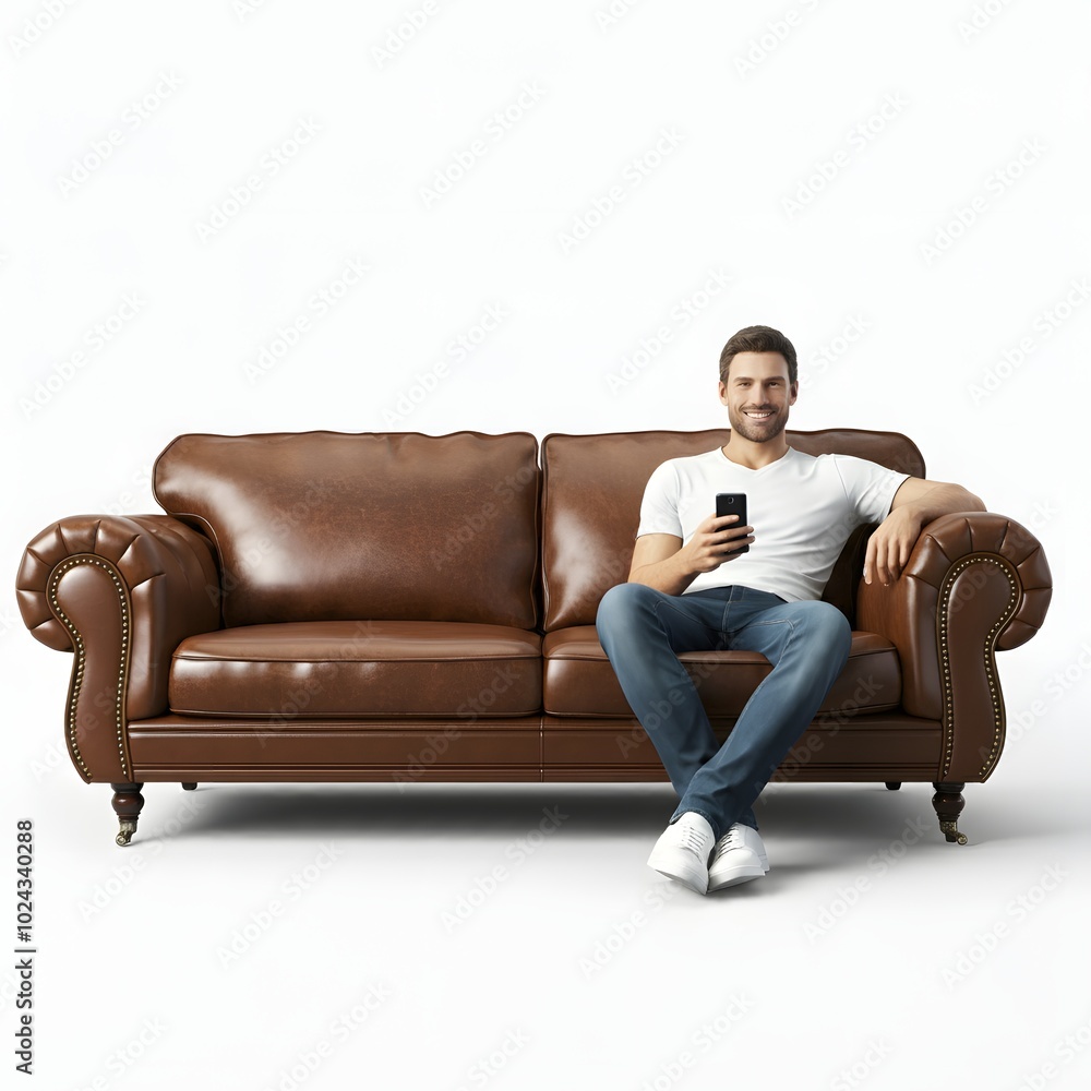 A casually dressed man sitting on a modern blue sofa, holding a smartphone and smiling, with a plain white background. Ideal for tech, lifestyle, and home decor themes A casually dressed man sitting on a modern blue sofa, holding a smartphone and smiling, with a plain white background. Ideal for tech, lifestyle, and home decor themes