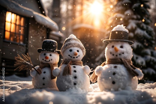 Snowmen Trio in Winter Wonderland with Sunset and Trees in the Background