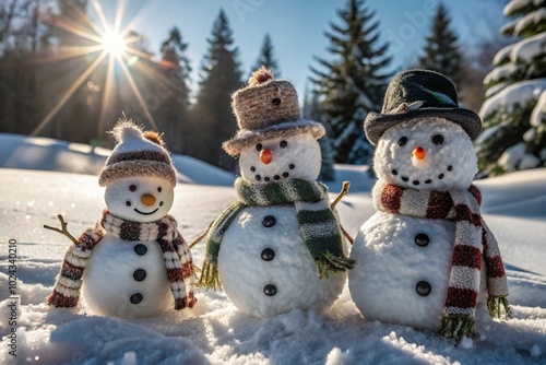 Snowman Trio with Scarves and Hats in Sunlit Winter Wonderland, Creating a Joyful Snowy Atmosphere