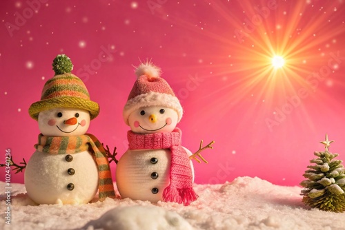 Cheerful Snowmen and a Sparkling Star Under a Vibrant Pink Winter Sky