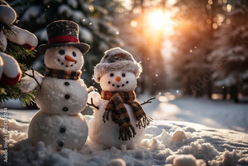 Charming Snowmen in a Winter Wonderland with Golden Sunlight and Snow-Covered Forest