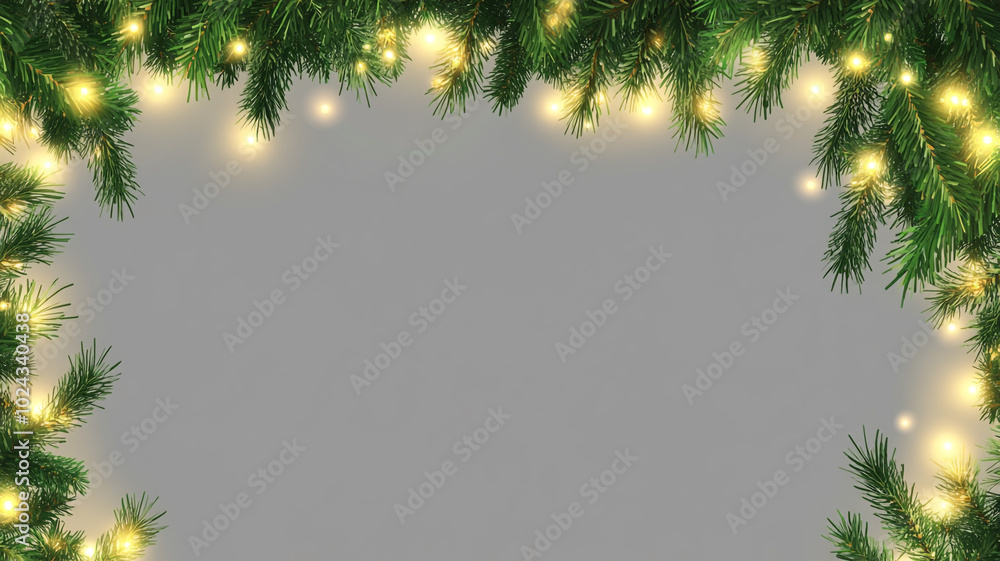 Obraz premium Festive green pine branches adorned with twinkling lights during Christmas Day celebrations