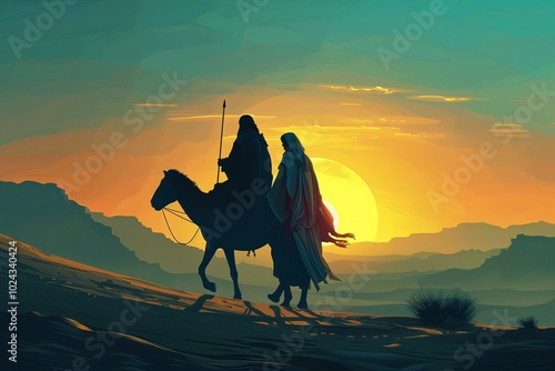 Illustration of Mary and Joseph travelling to Bethlehem