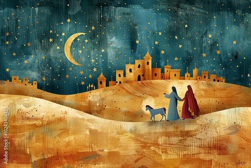 Illustration of Mary and Joseph travelling to Bethlehem