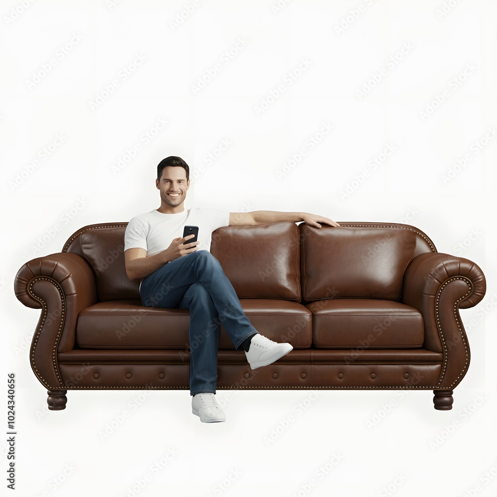A casually dressed man sitting on a modern blue sofa, holding a smartphone and smiling, with a plain white background. Ideal for tech, lifestyle, and home decor themes A casually dressed man sitting on a modern blue sofa, holding a smartphone and smiling, with a plain white background. Ideal for tech, lifestyle, and home decor themes