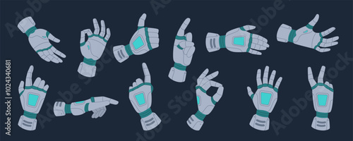 Hand, robot tech set. Palm, arm gesture cyborg. Computer technology, innovation, engineering machine. Intelligence robotic AI. Vector mechanic tidy limb, cartoon flat style isolated illustration