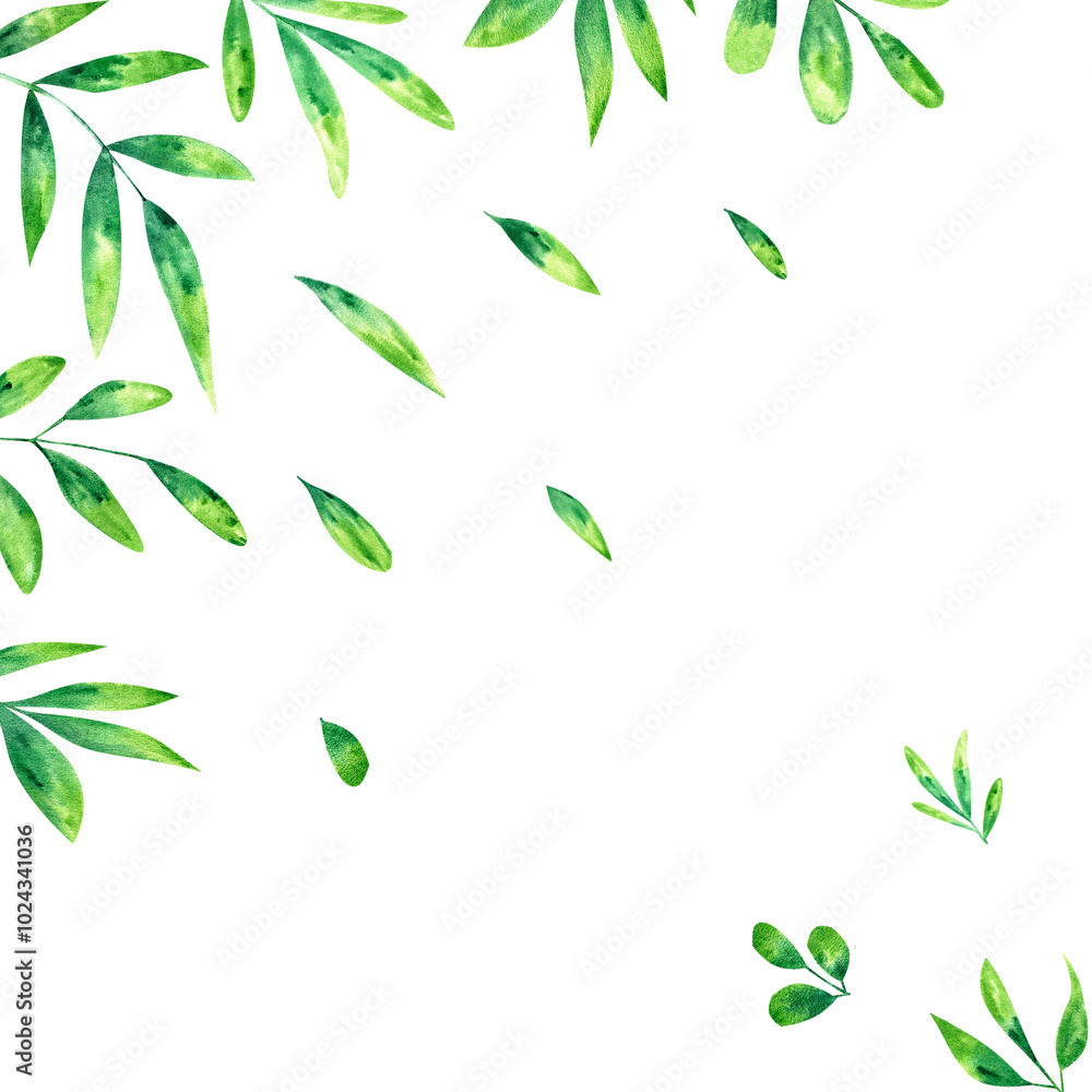 Hand painted plants, branches, leaves on a white background. Greenery wedding simple horizontal template. Watercolor style card. All elements are isolated and editable Hand painted plants, branches, leaves on a white background. Greenery wedding simple horizontal template. Watercolor style card. All elements are isolated and editable