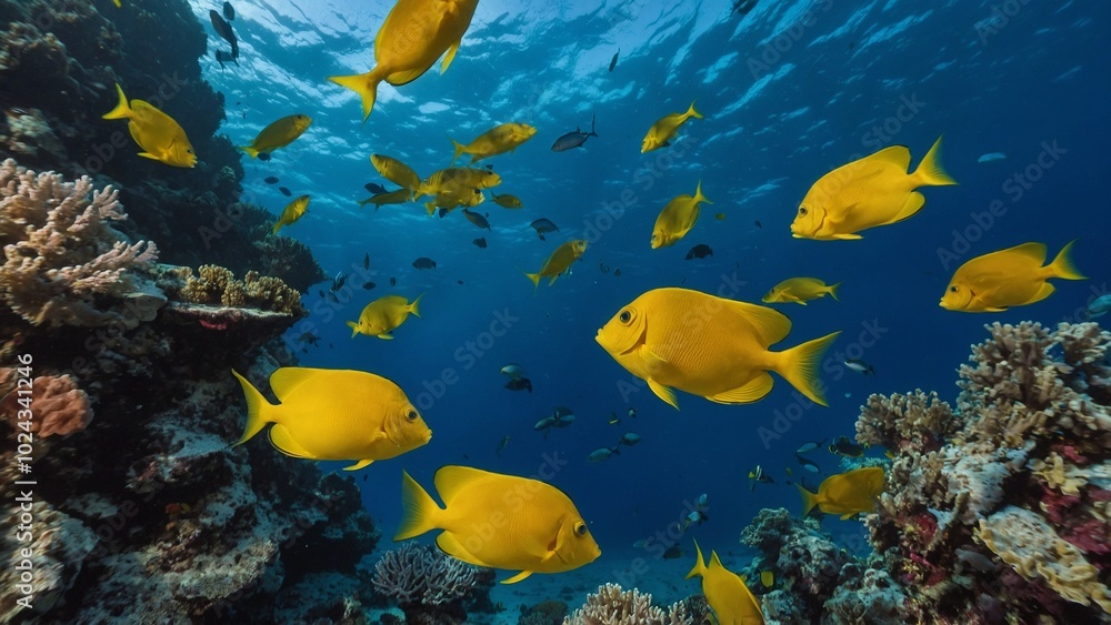Fototapeta premium Yellow red fish swimming in blue ocean water tropical under water. Scuba diving adventure in Maldives. Fishes in underwater wild animal world. Observation of wildlife Indian ocean. 