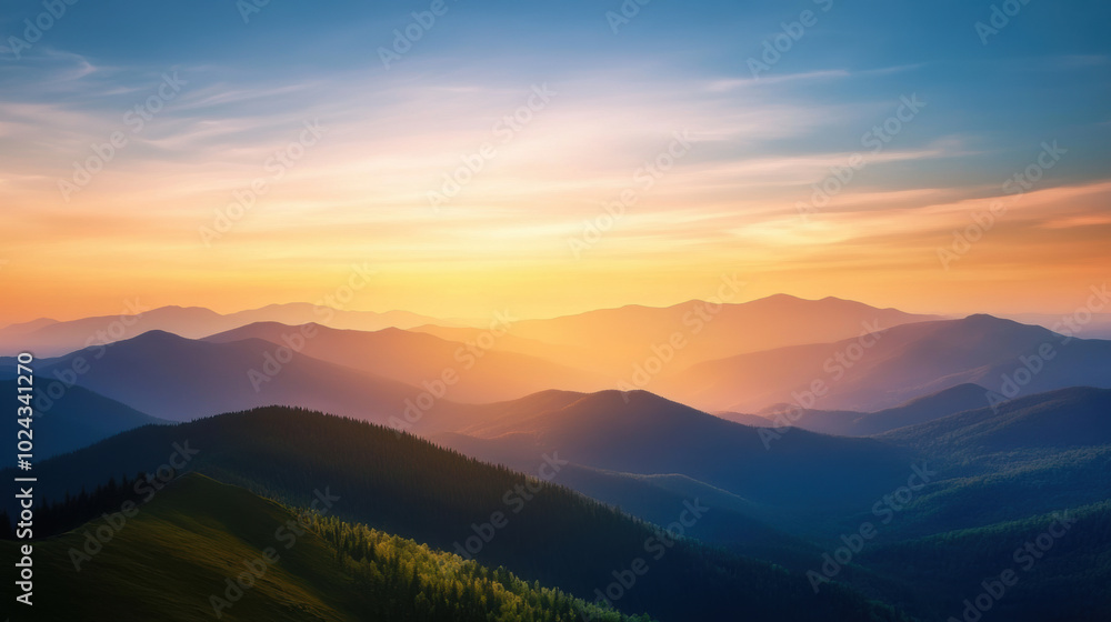 Obraz premium Breathtaking sunset over mountain range, glowing with warm orange and soft blue hues, creating serene and tranquil atmosphere