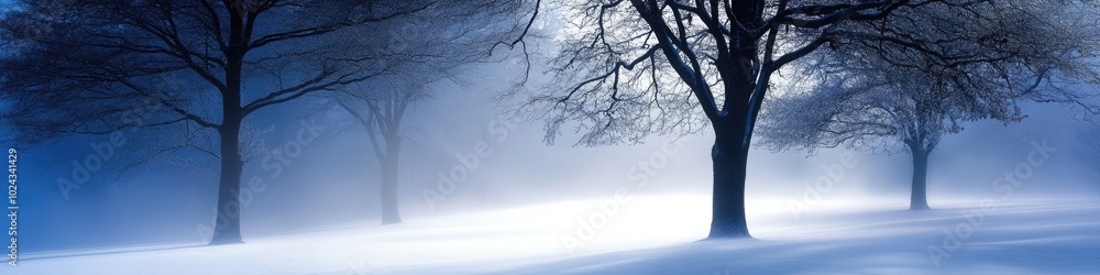 Obraz premium Winter Tree Silhouette in Enigmatic Blue Fog. Snowy Woodland Scene with Dramatic Seasonal Aura. Christmas Atmosphere in Frosty Scenic Landscape