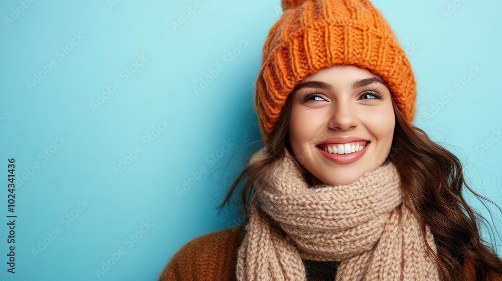 Smiling woman wearing a hat and scarf. Perfect for winter fashion or cold weather themes. Smiling woman wearing a hat and scarf. Perfect for winter fashion or cold weather themes.