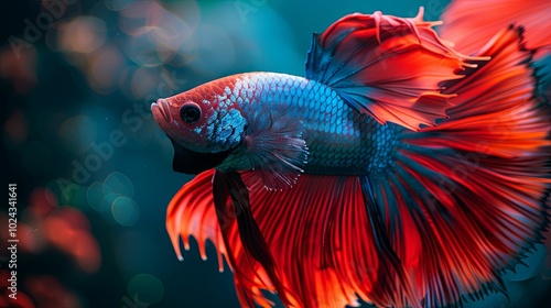 Red and Blue Betta Fish with Fin Spread