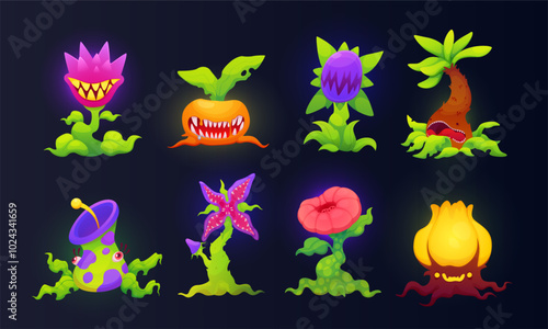 Plant evil. Halloween flower. Fantasy fauna. Magic nature. Hungry blossom. Teeth botany. Carnivore botanical trap. Cartoon game fairy forest. Alien toxic fungus. Monster garden characters vector set