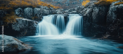 A cascading waterfall flows over moss-covered rocks into a clear blue pool.