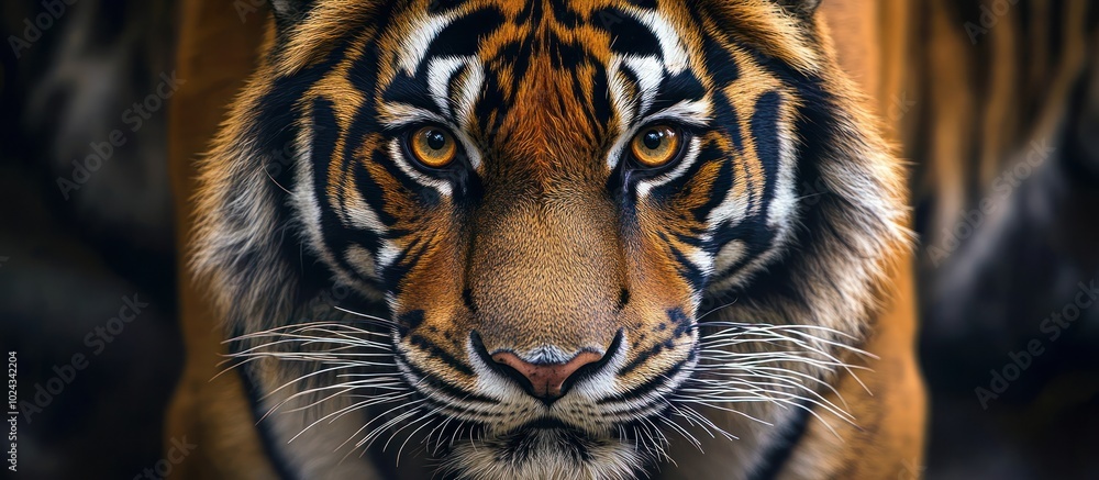 Obraz premium Close-up of a tiger's face, with sharp focus on the eyes and nose, looking directly at the camera.
