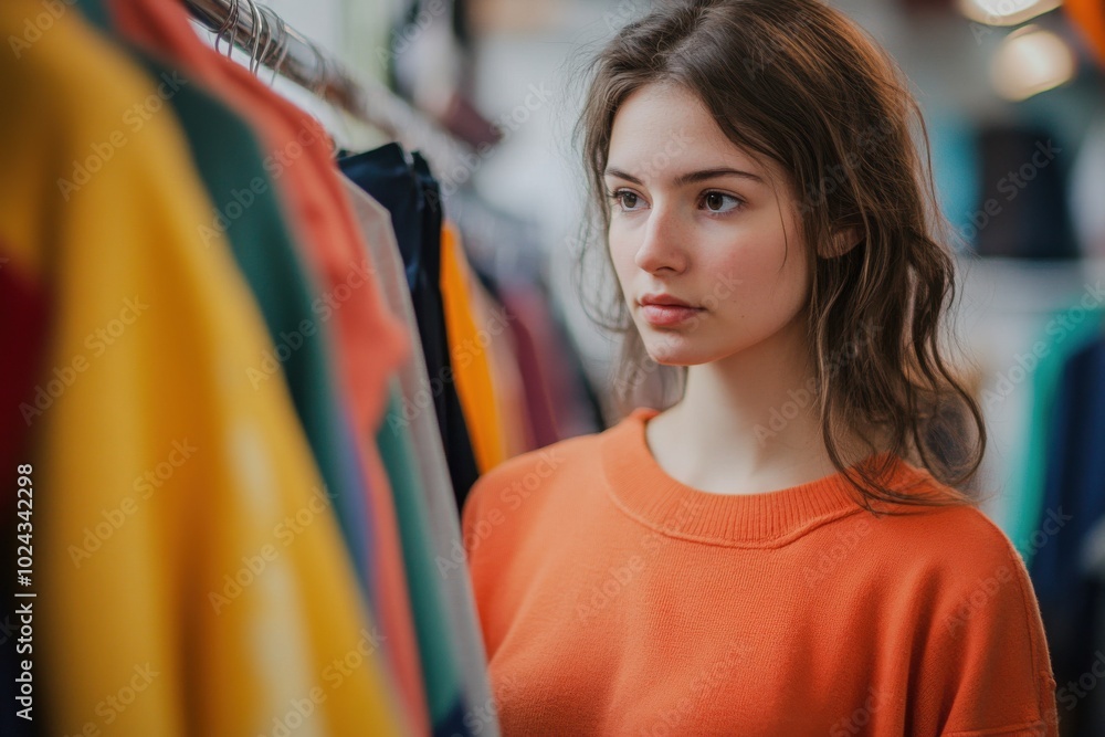 A young woman stands in front of a clothing rack, thoughtfully looking at different garments A young woman stands in front of a clothing rack, thoughtfully looking at different garments