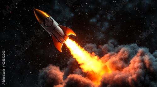 A rocket blasting off into space with a bright flame.