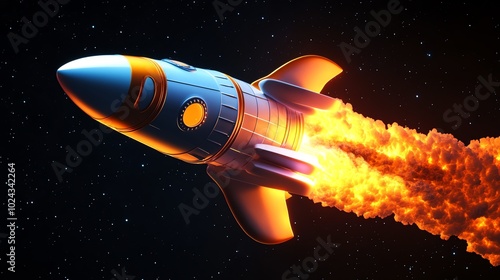 A rocket takes off into space, leaving a trail of fire behind it.