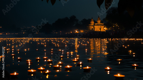 Kartik Purnima atmosphere on the banks of River Ganga, thousands of diyas lamps floating on the water, people praying while lighting candles and releasing them into the river, Ai generated images photo