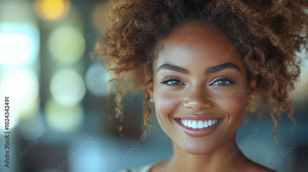 A beautiful young woman with brown curly hair and big brown eyes smiles happily at the camera. A beautiful young woman with brown curly hair and big brown eyes smiles happily at the camera.