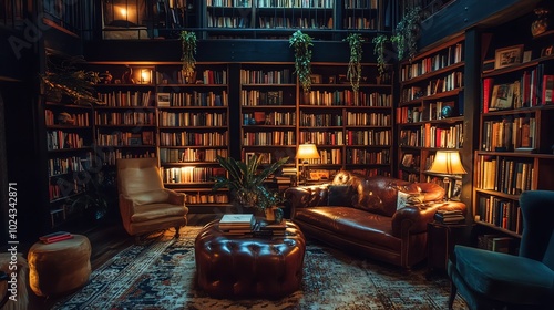 A cozy library with leather furniture, book shelves, and lamps.