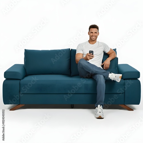 A casually dressed man sitting on a modern blue sofa, holding a smartphone and smiling, with a plain white background. Ideal for tech, lifestyle, and home decor themes