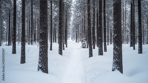 A tranquil snowy forest path during winter solstice in a serene northern landscape