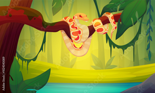 Snake in jungle background. Cartoon forest scene. Poisonous animal. Serpent on tree branch. Wild fauna. Tropical woods nature. Reptile in wildlife. Creeping cobra. Exotic python. Vector illustration