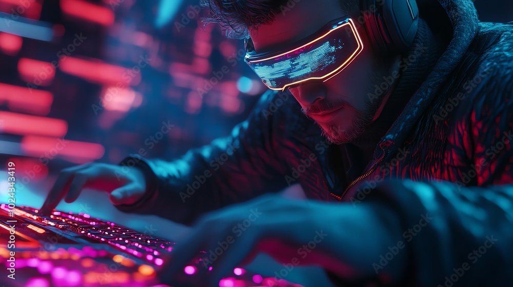 A gamer wearing futuristic goggles and headphones, focused on playing a game. A gamer wearing futuristic goggles and headphones, focused on playing a game.