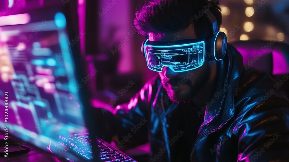 A man wearing futuristic glasses and headphones, looking at a computer screen, illuminated with blue and pink neon lights. A man wearing futuristic glasses and headphones, looking at a computer screen, illuminated with blue and pink neon lights.