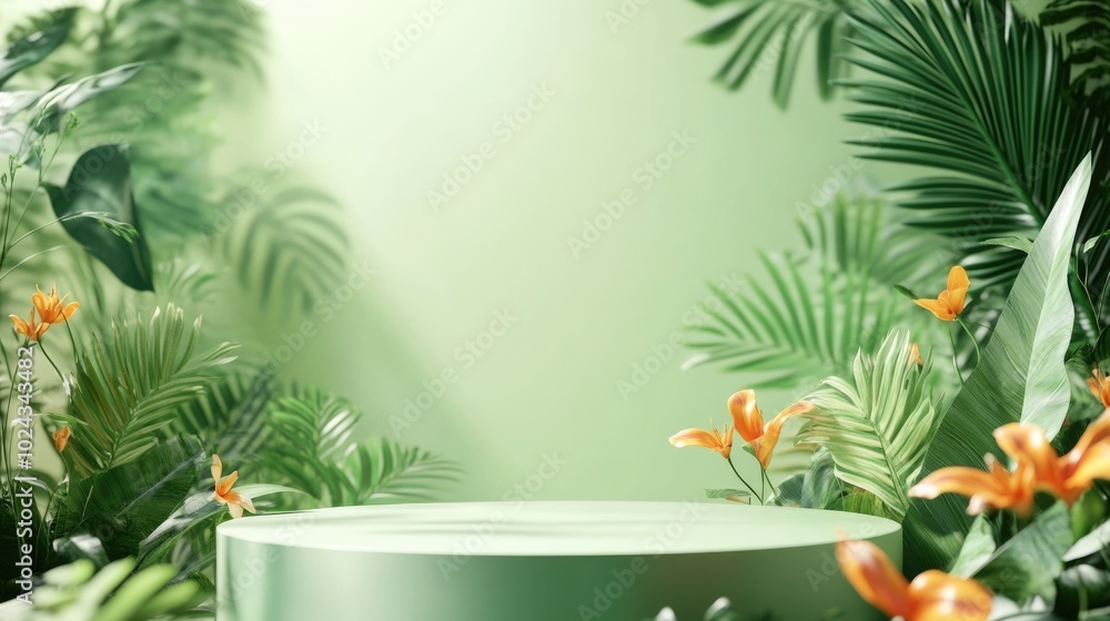 Tropical Forest Podium for Stylish Product Presentation with Pastel Background Tropical Forest Podium for Stylish Product Presentation with Pastel Background