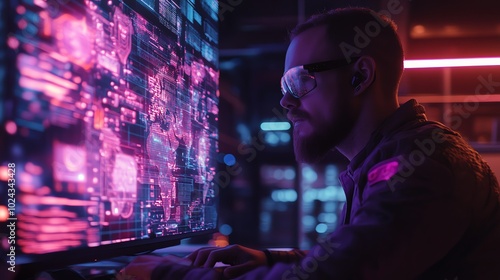 Wallpaper Mural A man in a futuristic outfit stares intently at a computer screen displaying a digital world map. Torontodigital.ca