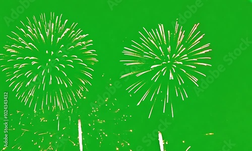 Colorful fireworks explosion on green screen background. Holiday celebration. Merry Christmas and Happy New Year. Festive background for 4th of july, summer festival. Effect ready to chroma key