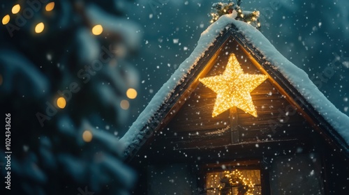 Wallpaper Mural Bottom view looking up at a glowing star on top of a snow-covered house, surrounded by falling snow. Torontodigital.ca