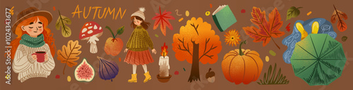 Autumn watercolor illustration. Picnic in October. Girl walking under umbrella. Cute cat. Cozy candle. Cozy home. September nature. Tree leaves. Read book. Rain puddles. Vector November elements set