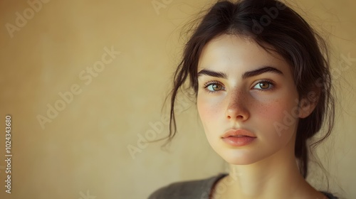 33. A young woman with a determined look, jaw set and eyes focused, against a soft beige backdrop.