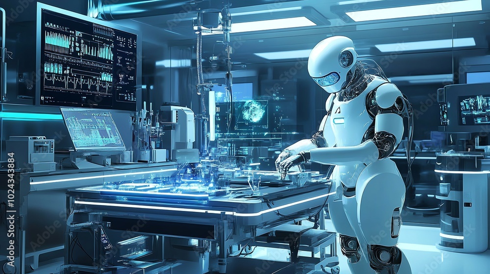 A white humanoid robot works in a futuristic lab with glowing blue screens and equipment. A white humanoid robot works in a futuristic lab with glowing blue screens and equipment.