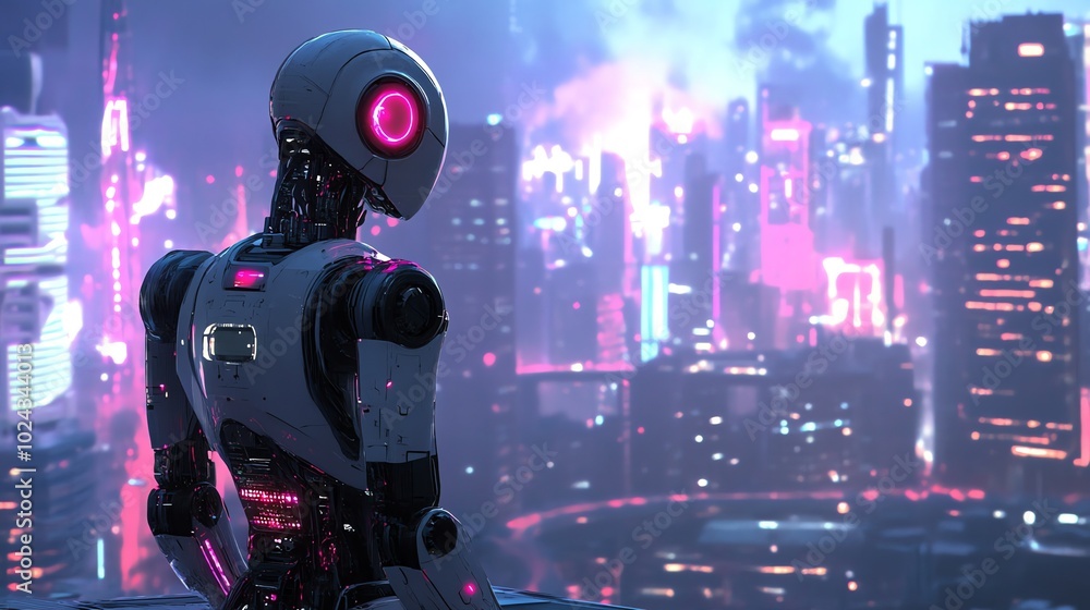 A humanoid robot standing in a futuristic city, looking out over the cityscape.