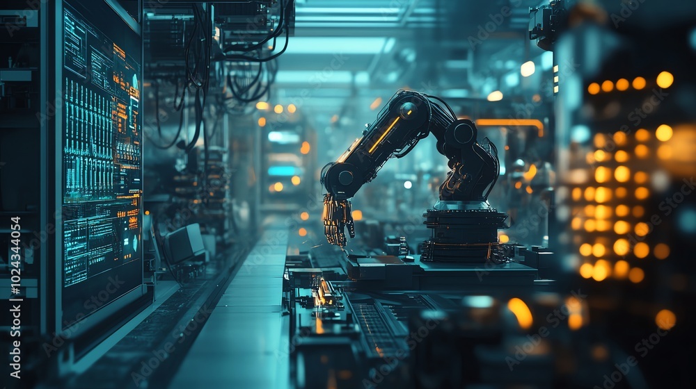 A robotic arm on a factory floor, working with advanced technology. A robotic arm on a factory floor, working with advanced technology.