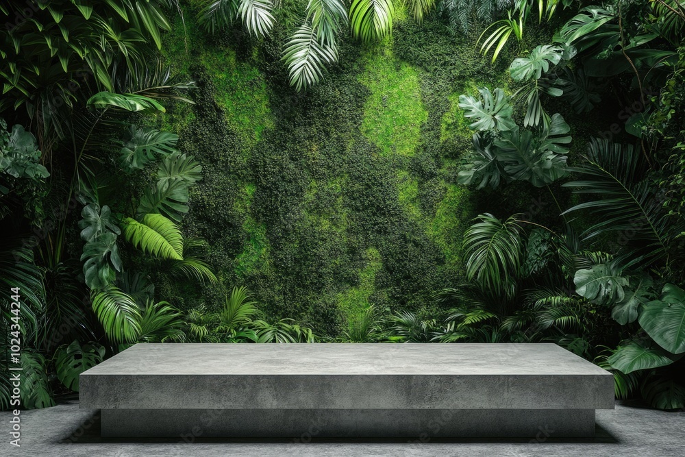Tropical Forest Podium for Product Presentation with Mossy Wall Background Tropical Forest Podium for Product Presentation with Mossy Wall Background