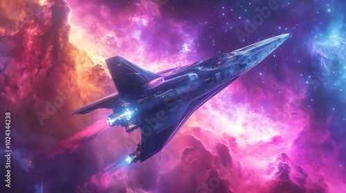 A sleek spaceship flies through a vibrant nebula.